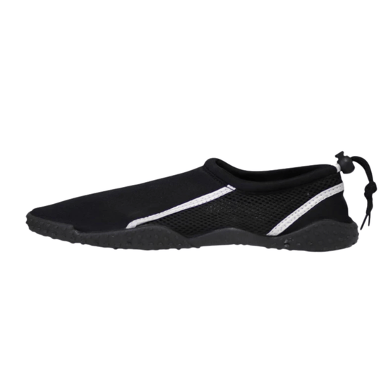 Black slip-on water shoe with white side stripes, mesh side panels, and a rear heel pull cord