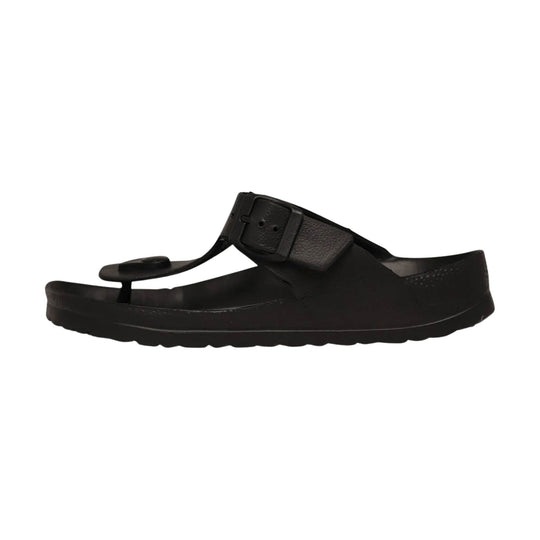 Black thong sandal with wide adjustable strap and buckle