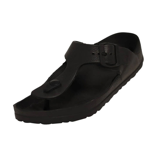 Black sandal with a molded footbed, toe loop, and adjustable buckle strap