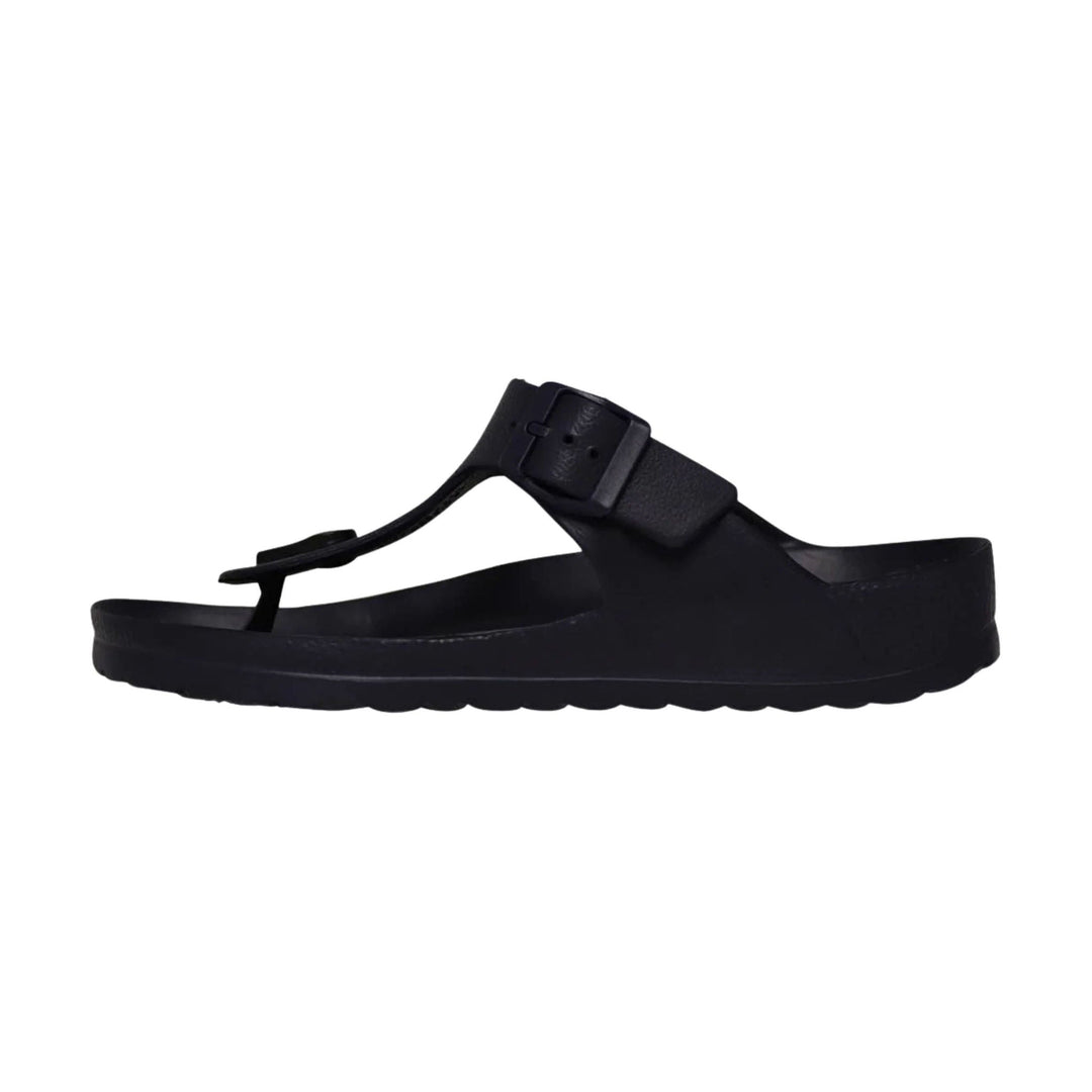 Black thong sandal with an adjustable buckle strap and thick sole