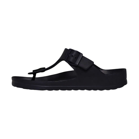Black thong sandal with an adjustable buckle strap and thick sole