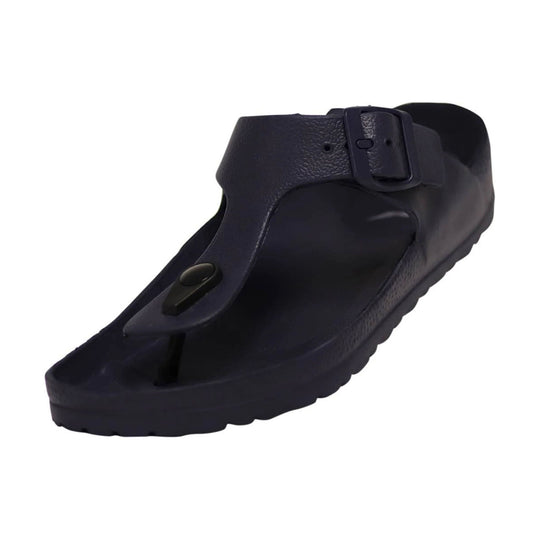 Navy one-strap sandal with buckle closure and toe post