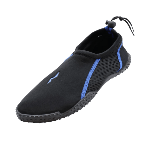 Black water shoe with blue side accents, mesh panels, and a drawstring ankle closure