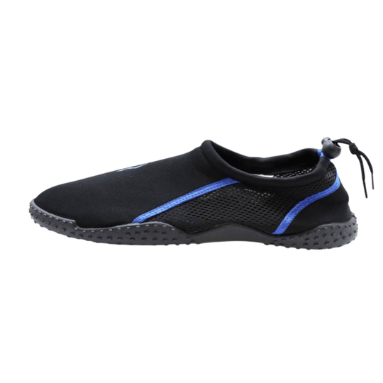 Black water shoe with blue side trim, textured rubber sole, and elastic heel cord