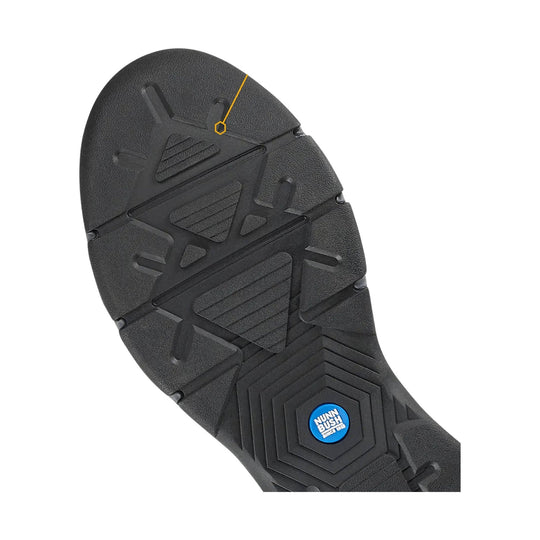 Black boot outsole with textured tread and a blue Nunn Bush logo inset