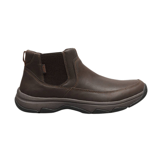 Brown slip-on ankle boot with elastic side panel and thick lug sole, side view