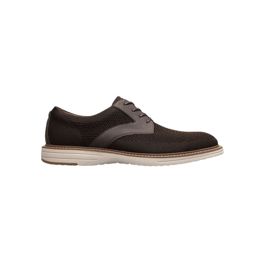 Brown knit lace-up oxford shoe with a light sole, shown in side view