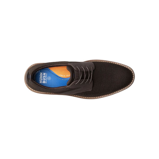 Brown knit oxford shoe with laces and a stitched sole, shown from above