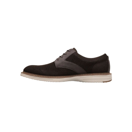 Brown knit lace-up oxford with a tan sole, shown in side profile