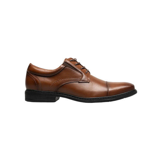 Brown leather lace-up oxford shoe with a cap toe and black heel and sole