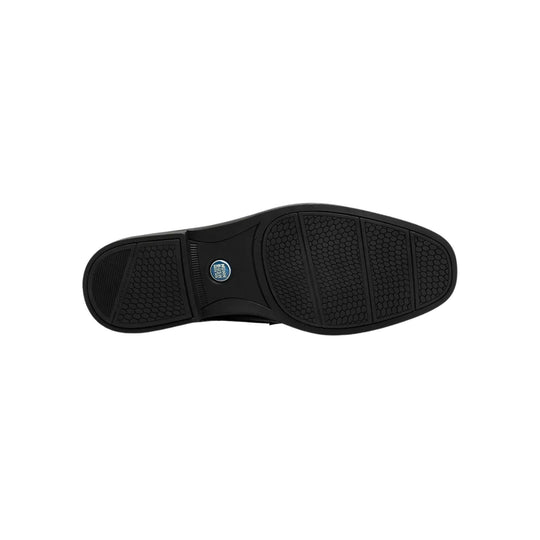 Black dress shoe outsole with textured tread and a small Nunn Bush logo