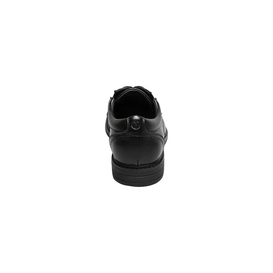 Black leather oxford shoe shown from the back with a thick black sole