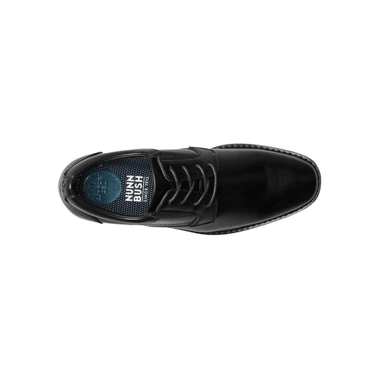Black lace-up oxford shoe shown from above, with branded insole and rounded toe