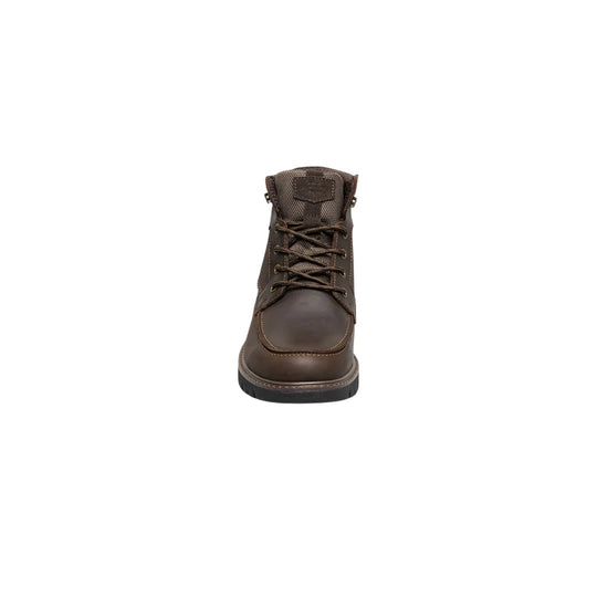 Brown lace-up moc toe boot shown from the front on a white background