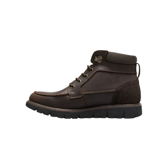 Brown ankle boot with moc toe, contrast stitching, and a lug sole, shown in side profile