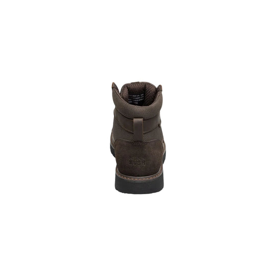 Brown mid-height work boot shown from the back with a padded collar, pull tab, and black sole