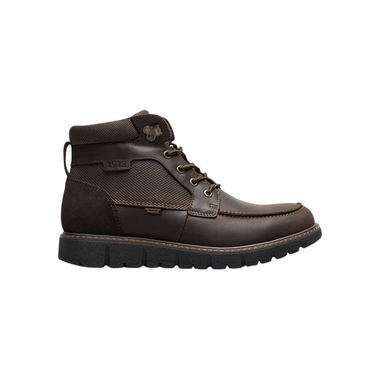 Brown lace-up ankle boot with a black lug sole and padded collar