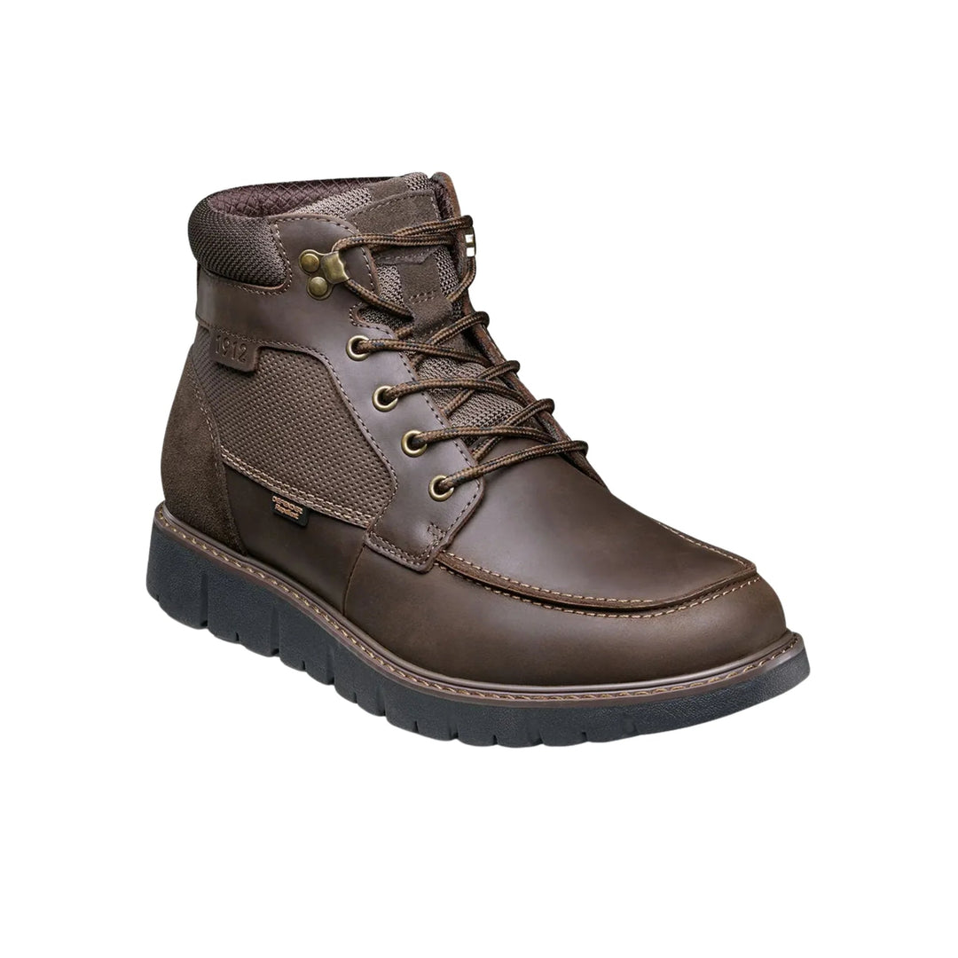 Brown lace-up ankle boot with moc toe, padded collar, and black treaded sole