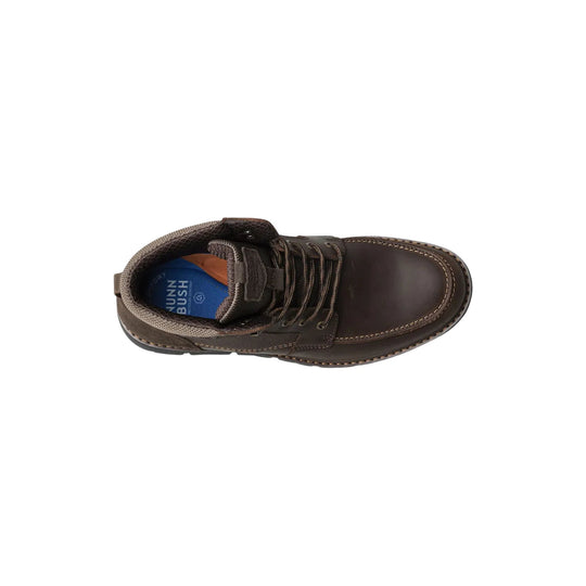 Brown leather moc toe boot with lace-up front and padded collar, shown from above