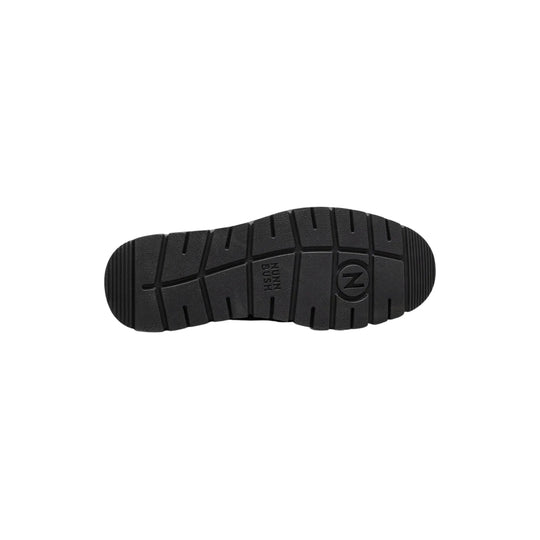 Black rubber boot outsole with tread and Nunn Bush branding