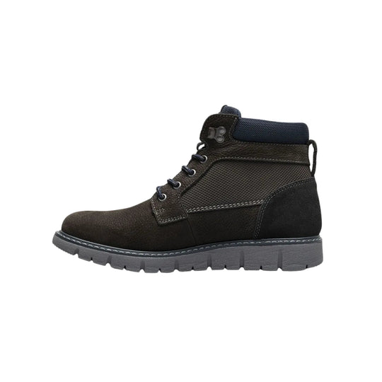 Dark brown ankle boot with navy padded collar, lace-up front, and thick gray lug sole