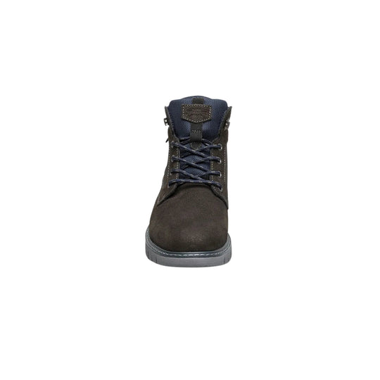 Brown lace-up ankle boot with blue tongue and gray sole, front view