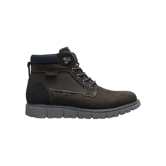 Dark brown lace-up ankle boot with black collar and gray lug sole, side view