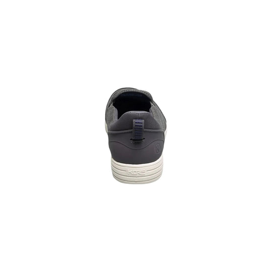 Rear view of a gray slip-on canvas shoe with a white sole and heel pull tab