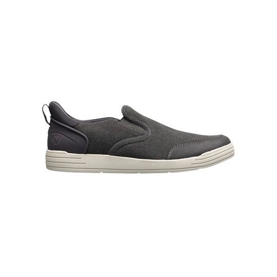 Dark gray canvas slip-on sneaker with white sole, black heel tab, and rounded toe, side view