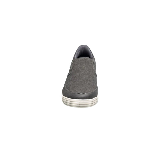Gray slip-on canvas shoe with black collar and white ribbed sole, front view