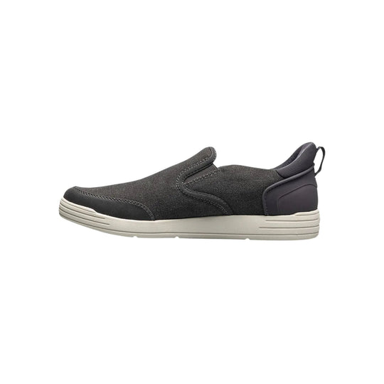Black slip-on canvas sneaker with white sole, shown in side profile