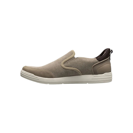 Taupe canvas slip-on shoe with moc toe and white sole, side view
