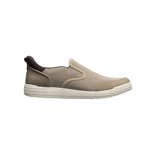 Beige slip-on sneaker with a moc toe, white sole, and dark brown heel panel, side view