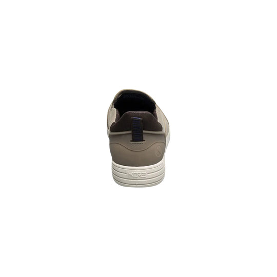 Stone slip-on shoe shown from the heel, with a dark heel tab and white sole
