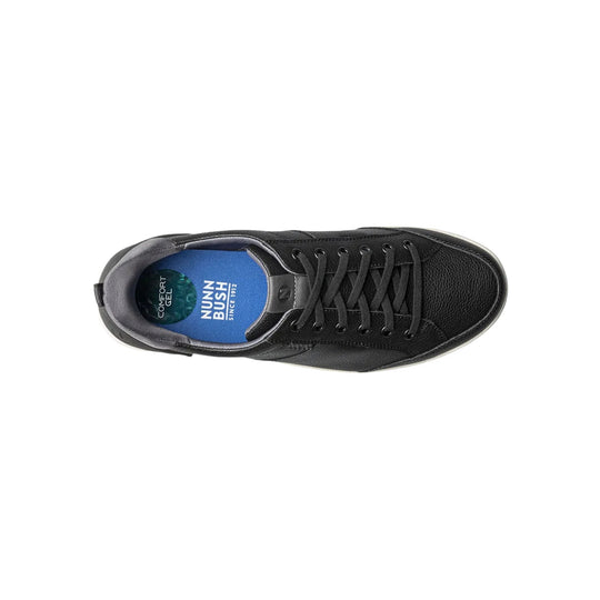 Black low-top lace-up sneaker with a blue insole and visible comfort gel insert