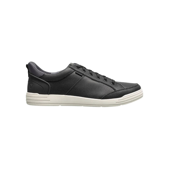 Black low-top lace-up sneaker with a white sole, shown in side view