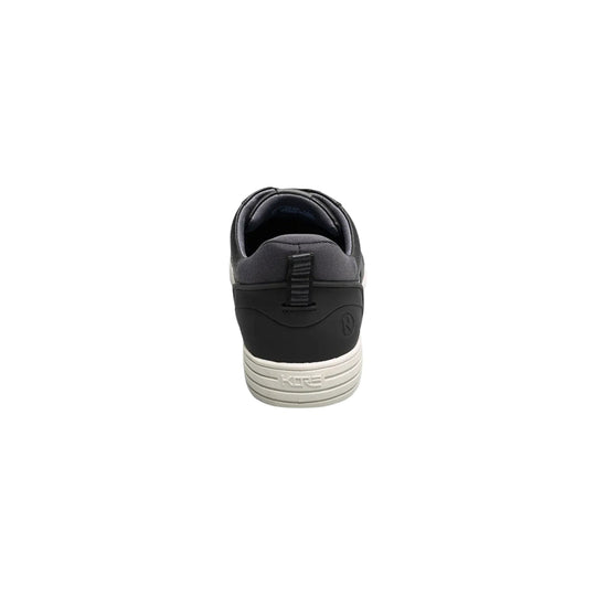 Rear view of a black slip-on sneaker with a gray heel tab and light gray sole