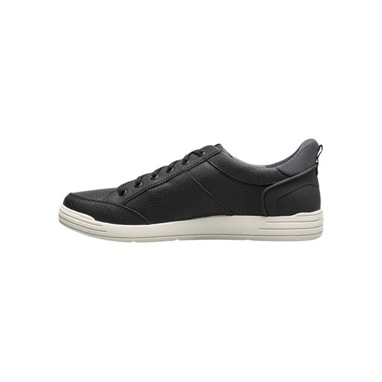 Black low-top sneaker with white sole, lace-up front, and padded heel collar