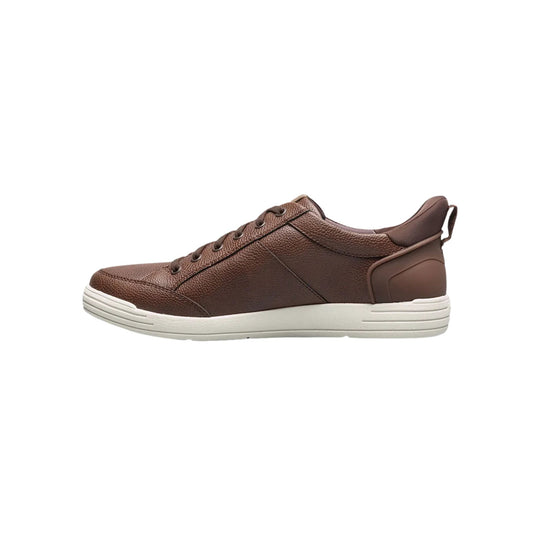Brown low-top lace-up sneaker with textured upper, white sole, and heel pull tab