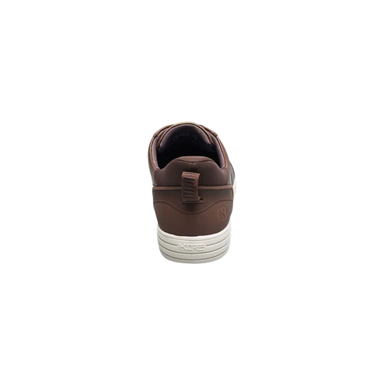 Brown low-top shoe with a white sole, shown from the back