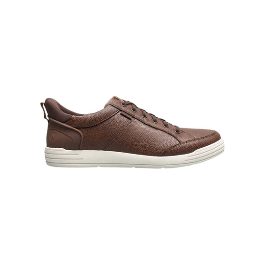 Brown lace-up sneaker with a white sole and stitched leather upper, shown in side view
