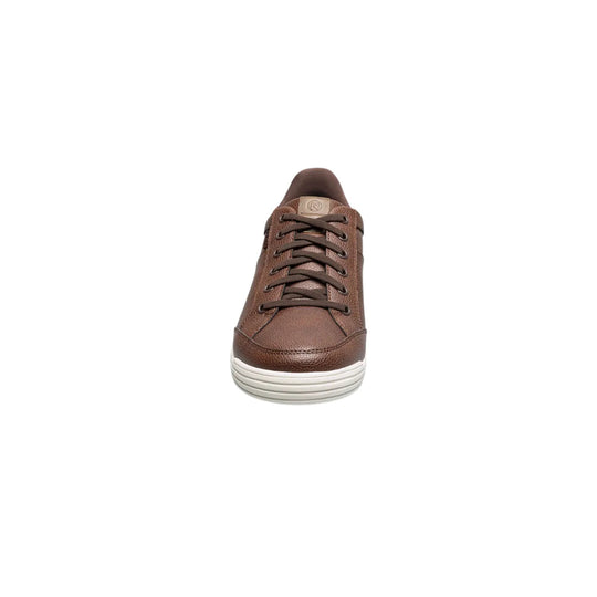 Brown lace-up oxford sneaker with a white ribbed sole and small logo on the tongue