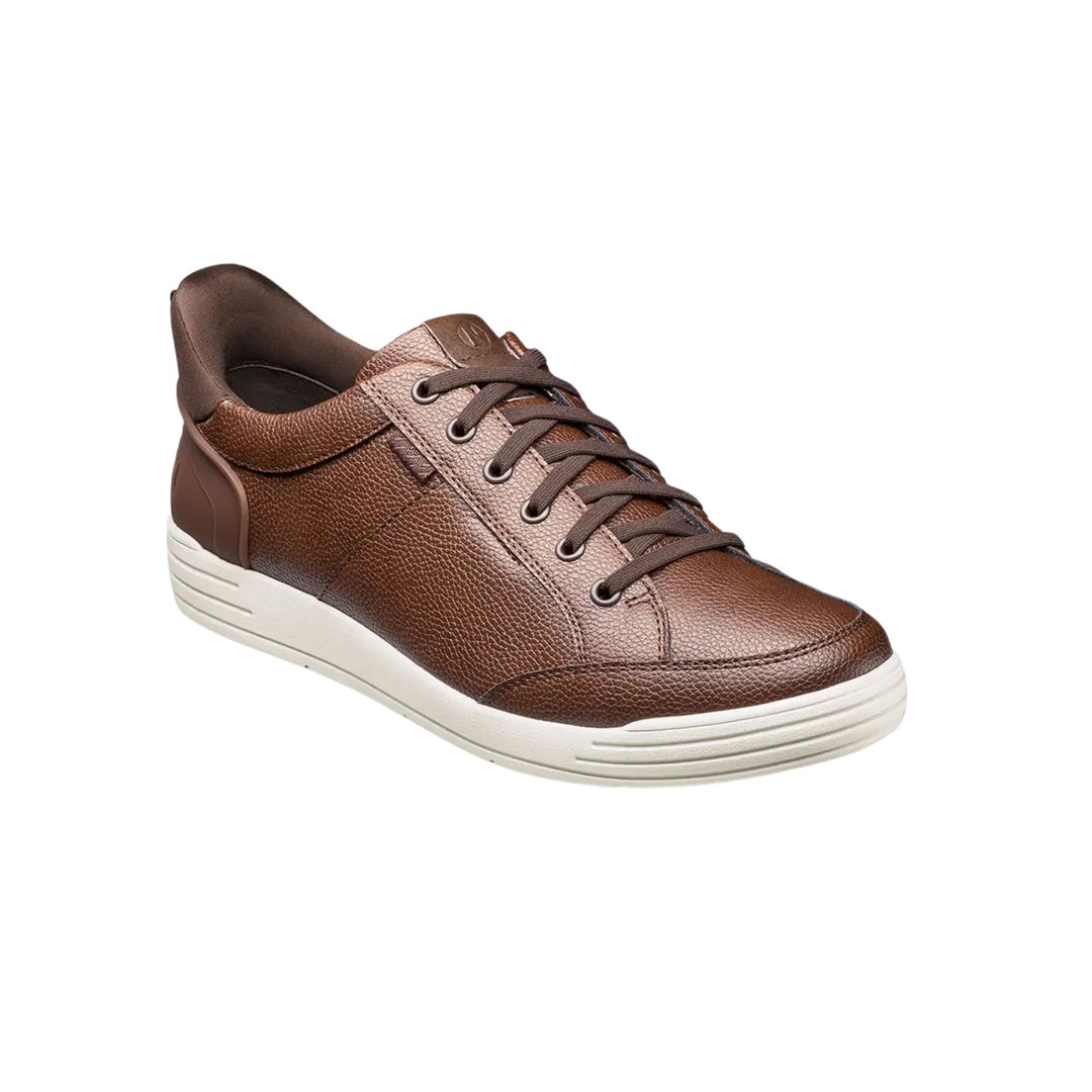 Brown leather lace-up sneaker with white sole and textured upper