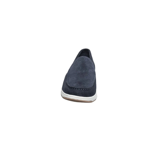 Navy slip-on loafer with a suede-like upper and white rubber sole