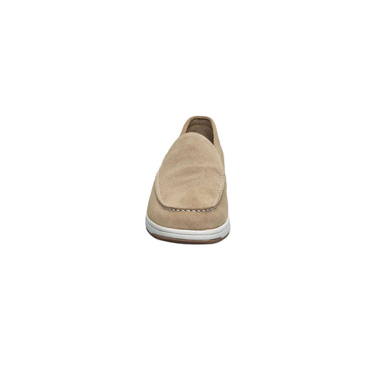 Beige suede moc toe slip-on shoe with white sole, shown from the front