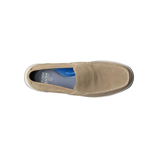Beige suede moc toe slip-on shoe with white sole, top view