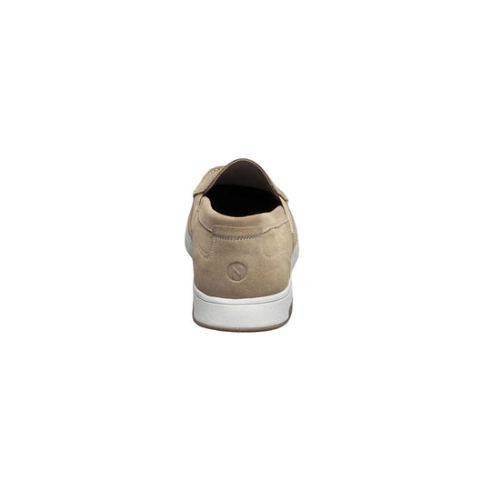 Tan suede slip-on shoe shown from the back with a white rubber sole and small heel logo