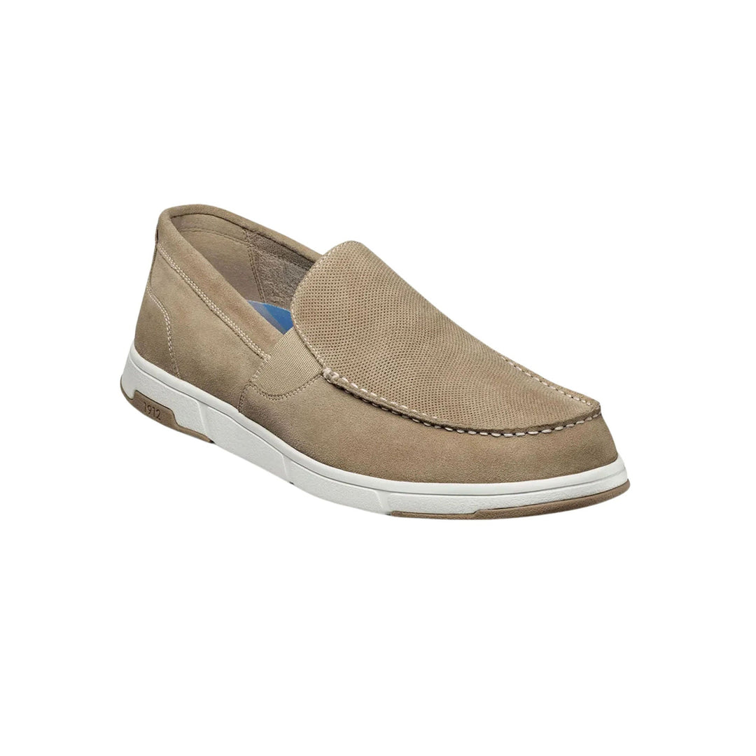 Beige suede slip-on loafer with moc toe and white sole