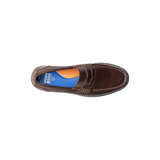 Brown leather penny loafer shown from above with visible blue and orange insole