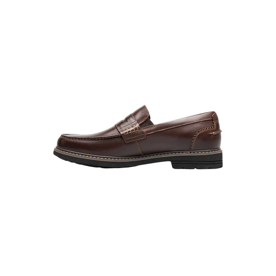 Brown leather penny loafer with moc toe and black rubber sole, side view